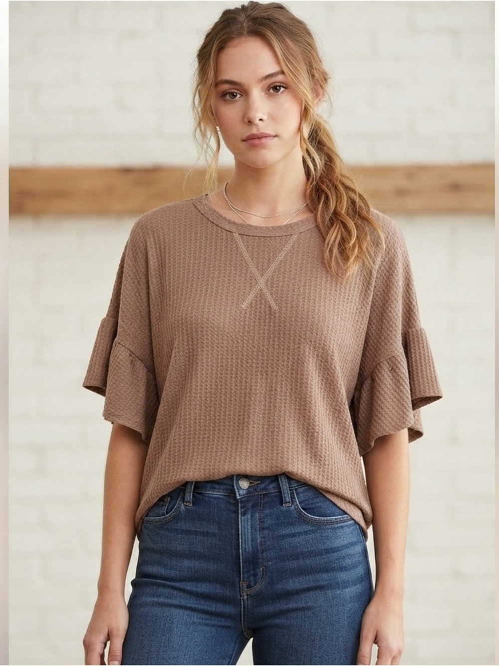 NWOT 7th Ray Mauve Waffle Knit Ruffle Sleeve Top - Small